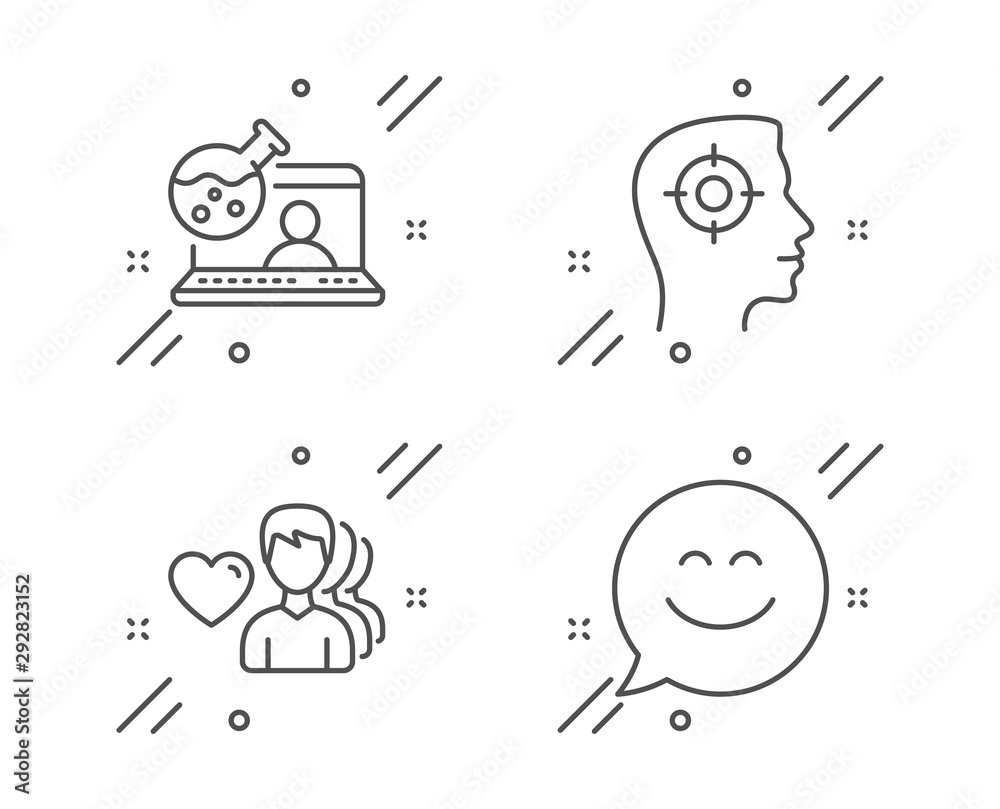 Recruitment, Man love and Online chemistry line icons set. Smile chat sign. Headhunter aim, Romantic people, Lab flask. Happy face. People set. Line recruitment outline icon. Vector Recruitment, Man love and Online chemistry line icons set. Smile chat sign. Headhunter aim, Romantic people, Lab flask. Happy face. People set. Line recruitment outline icon. Vector