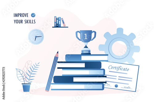 Stack of books and winner cup on top. Education and skill improvement concept