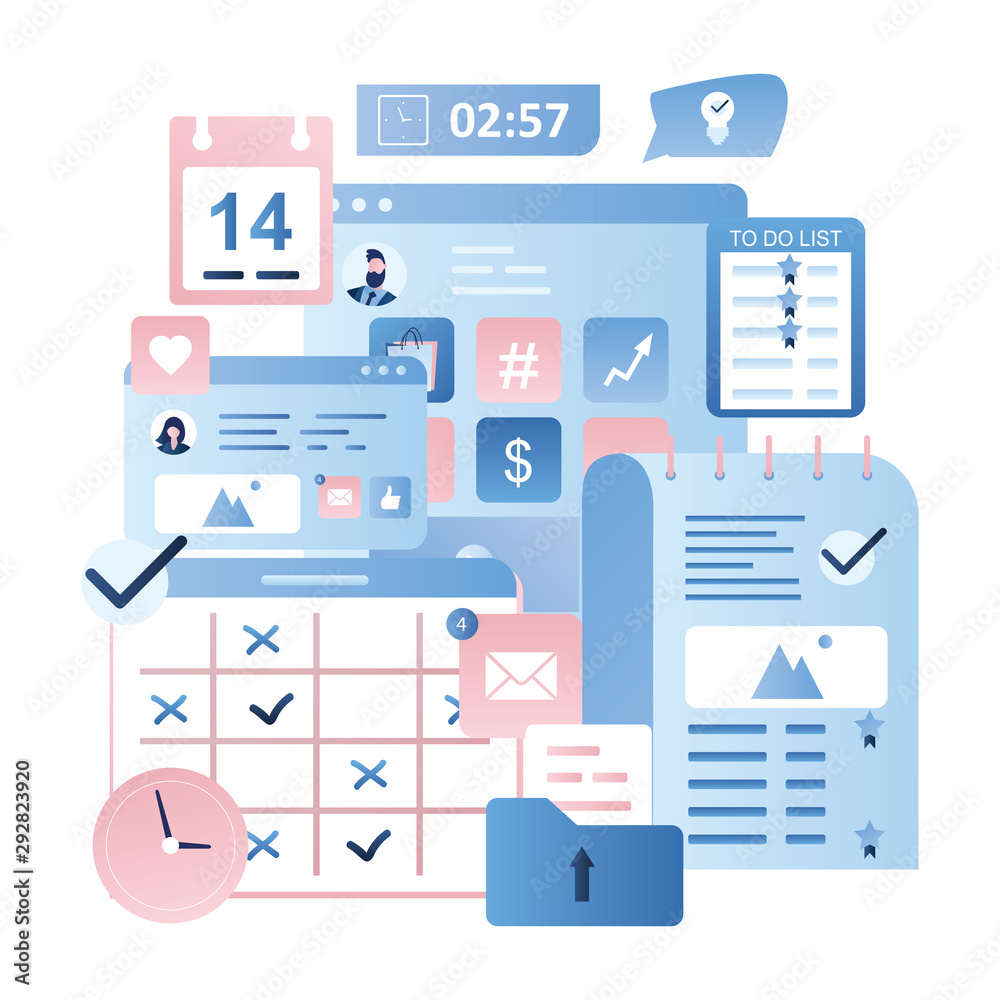 Business signs and icons. Office day and business daily planner. Schedule and to do list. Business signs and icons. Office day and business daily planner. Schedule and to do list.