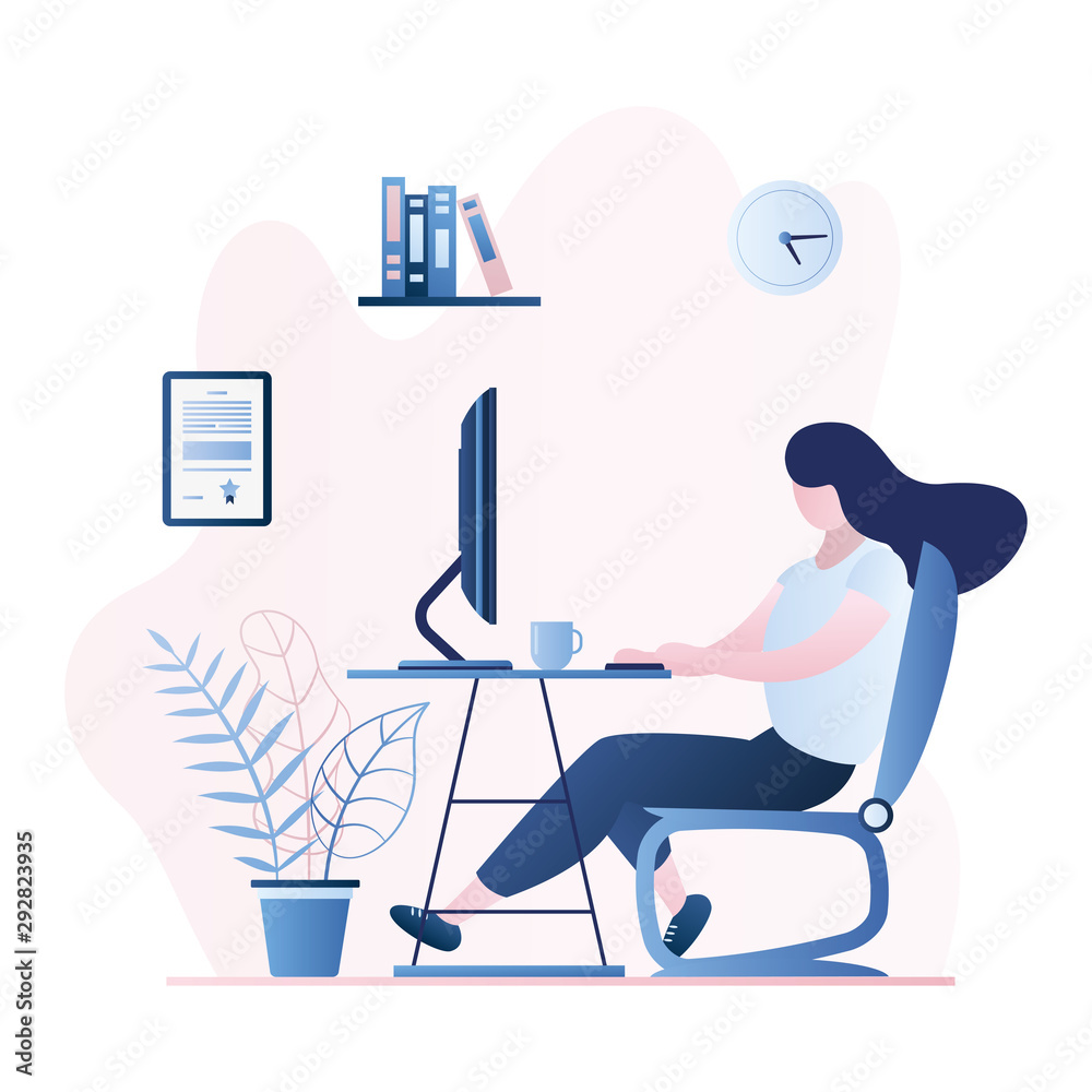 Businesswoman or employee on workplace. Workspace interior with furniture. Businesswoman or employee on workplace. Workspace interior with furniture.