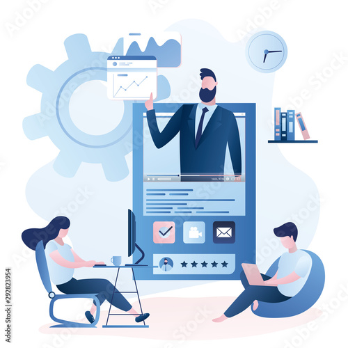Online education or business training. Financial video course with mentor and business people with gadgets learning
