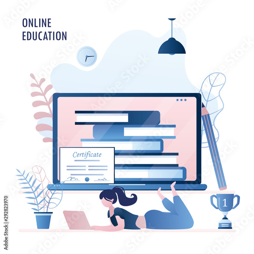  Young female with laptop. Online education or courses,