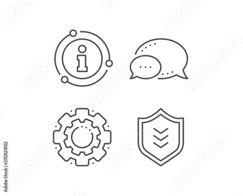 Shield line icon. Chat bubble, info sign elements. Protection symbol. Business security sign. Linear shield outline icon. Information bubble. Vector