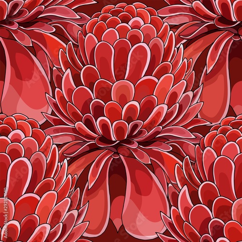 Seamless pattern with red Torch ginger Etlingera elatior flowers background