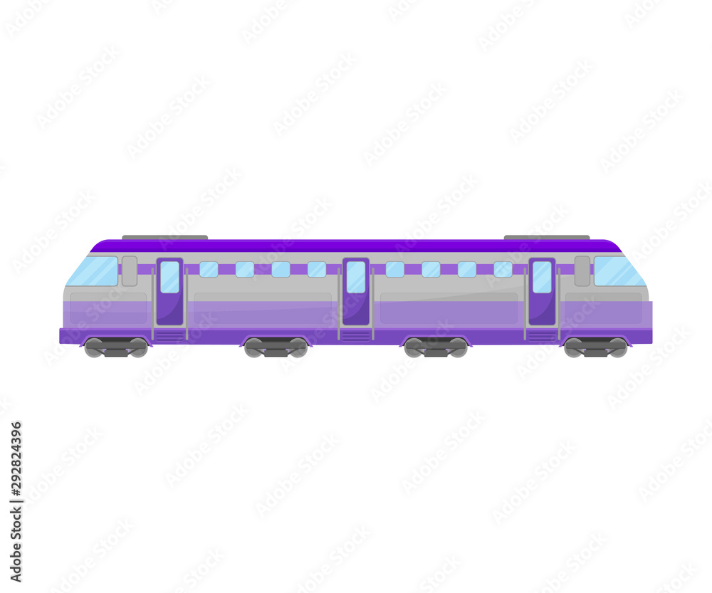 Lilac Reversible Passenger Locomotive With Windows And Doors Flat Vector Illustration