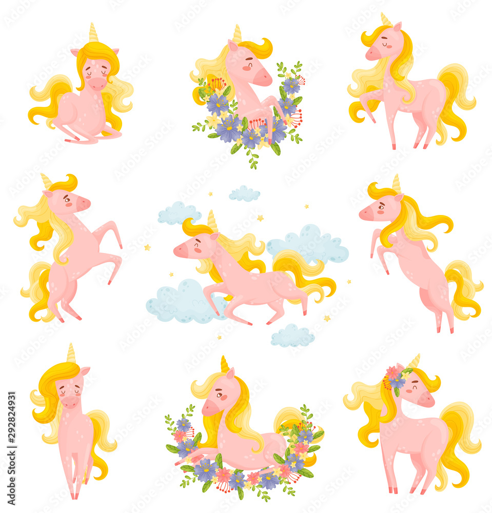 Naklejka premium Set Of Different Kinds Of Pink Unicorns Vector Illustration