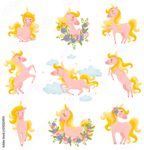 Set Of Different Kinds Of Pink Unicorns Vector Illustration