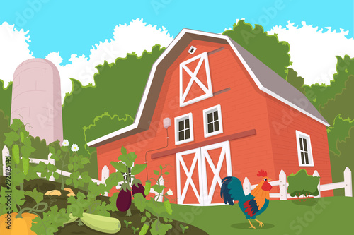 farm with animals and beds of vegetables in the foreground.