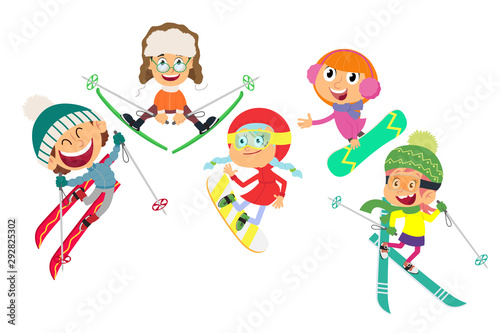 Little skiers isolated on a white background.