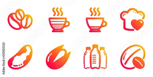 Cafe creme, Pistachio nut and Water bottles line icons set. Coffee-berry beans, Brazil nut and Espresso signs. Love cooking symbol. Hot coffee, Vegetarian food. Food and drink set. Vector
