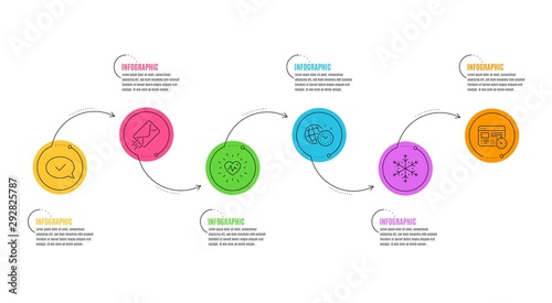 Approved message, E-mail and Web timer signs. Infographics timeline. Time management, Heartbeat and Snowflake line icons set. World clock, Medical heart, Snow. Accepted chat. Business set. Vector