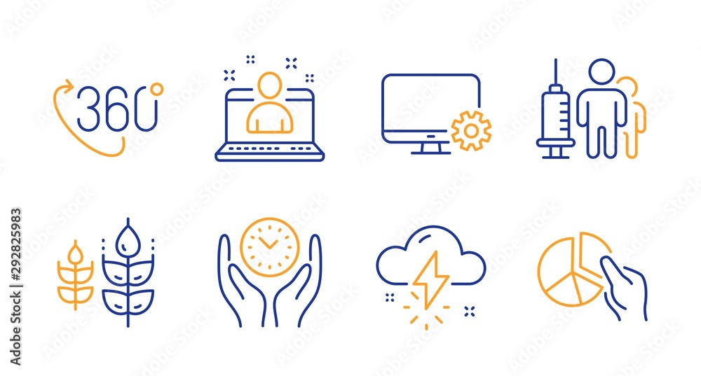 Safe time, Monitor settings and Thunderstorm weather line icons set. Gluten free, Medical vaccination and 360 degree signs. Best manager, Pie chart symbols. Management, Service cogwheel. Vector