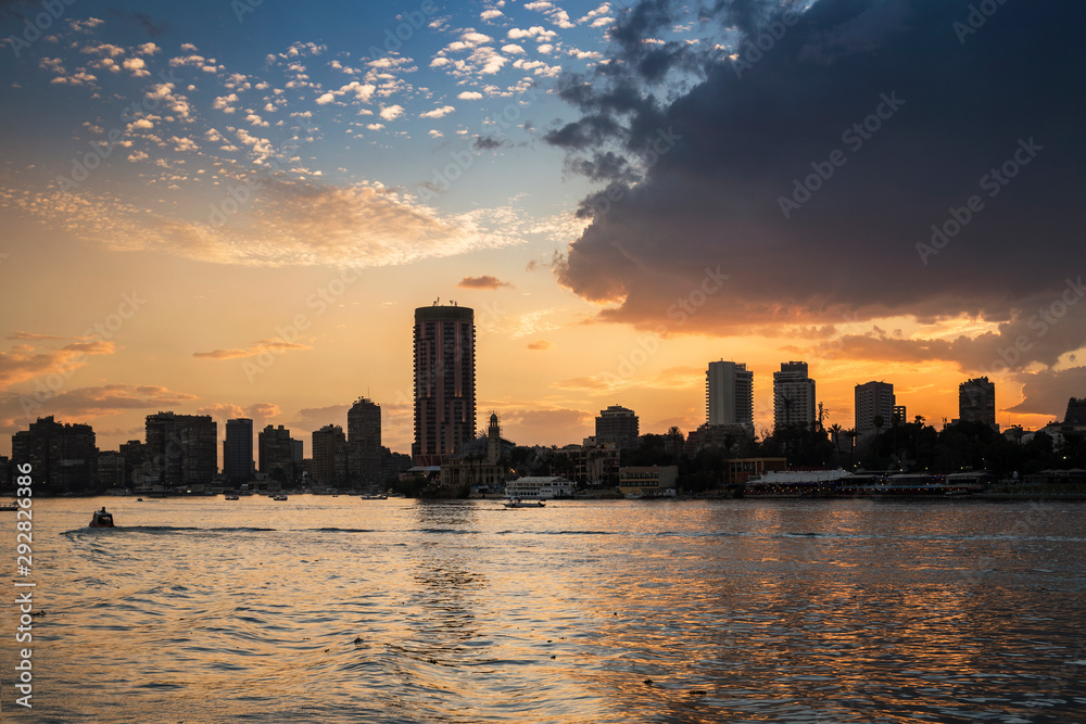 Panoramic sunset view of downtown riverside in Cairo, Egypt