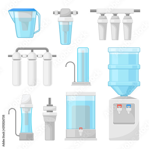 The Set Of Pictures With Water Filter Systems Flat Vector Illustrations