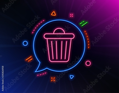 Trash bin line icon. Neon laser lights. Garbage, waste sign. Delete, remove symbol. Glow laser speech bubble. Neon lights chat bubble. Banner badge with trash bin icon. Vector