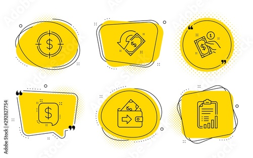Payment method, Dollar target and Checklist signs. Chat bubbles. Wallet, Payment message and Cashback line icons set. Finance, Receive money, Give money. Aim with usd. Finance set. Vector