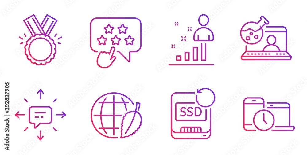 Sms, Honor and Stats line icons set. Online chemistry, Environment day and Recovery ssd signs. Ranking star, Time management symbols. Conversation, Medal. Education set. Gradient sms icon. Vector