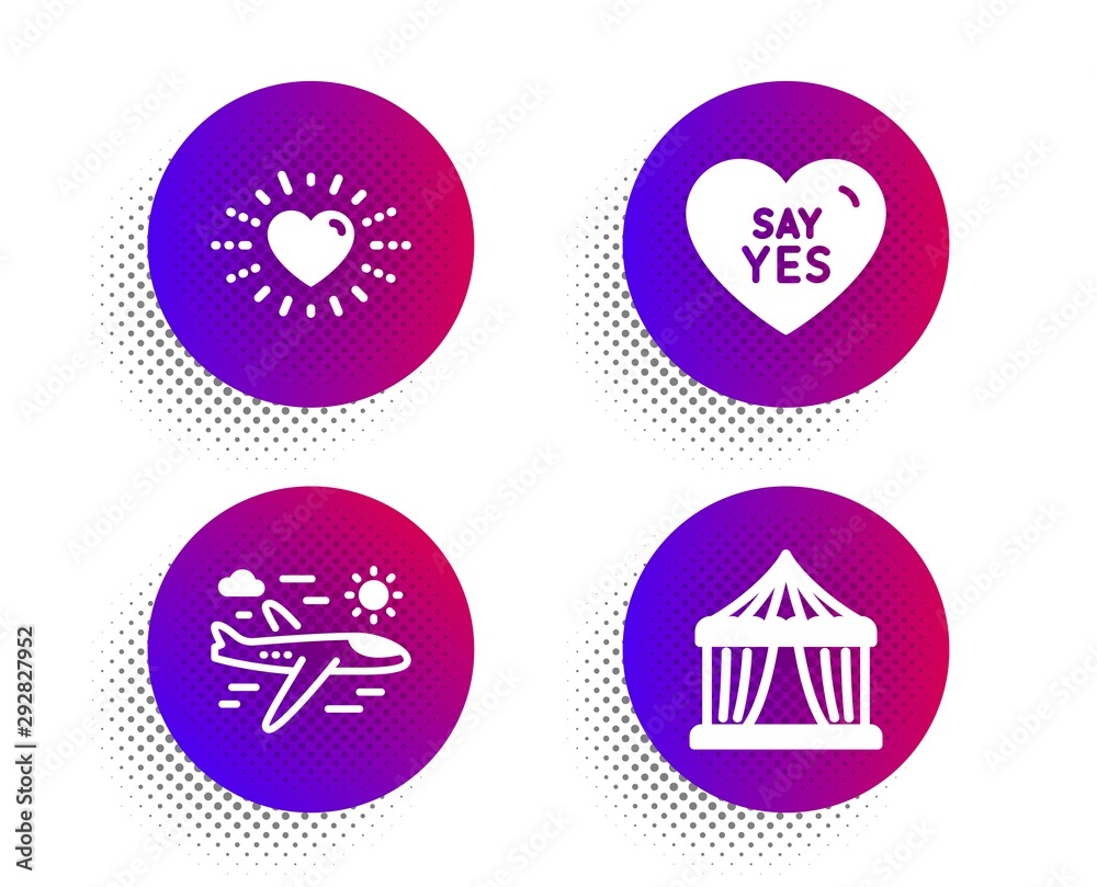 Say yes, Heart and Airplane travel icons simple set. Halftone dots button. Circus tent sign. Wedding, Love, Trip flight. Attraction park. Holidays set. Classic flat say yes icon. Vector Say yes, Heart and Airplane travel icons simple set. Halftone dots button. Circus tent sign. Wedding, Love, Trip flight. Attraction park. Holidays set. Classic flat say yes icon. Vector