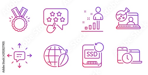 Sms, Honor and Stats line icons set. Online chemistry, Environment day and Recovery ssd signs. Ranking star, Time management symbols. Conversation, Medal. Education set. Gradient sms icon. Vector