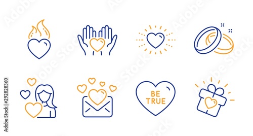 Heart, Hold heart and Love line icons set. Wedding rings, Be true and Love mail signs. Friendship, Valentines letter. Love set. Line heart icon. Vector