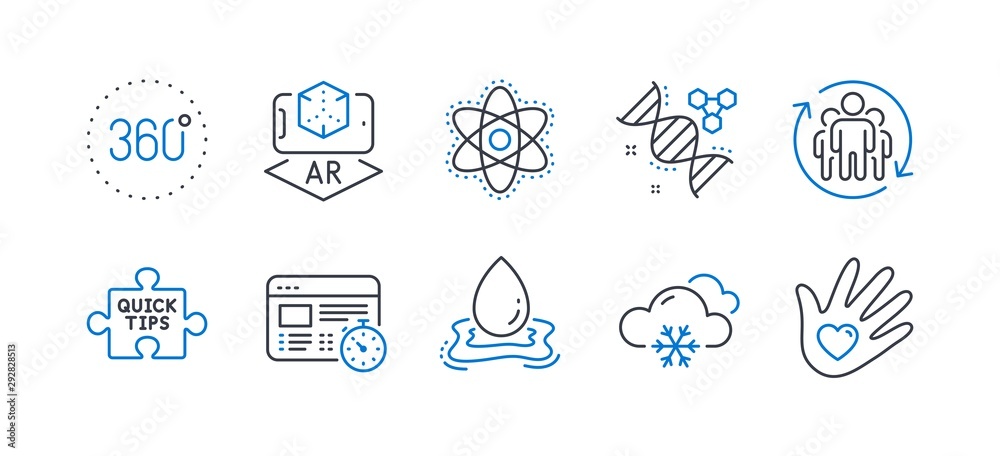 Set of Science icons, such as Chemistry dna, Teamwork, Snow weather, Augmented reality, 360 degrees, Water splash, Chemistry atom, Web timer, Quick tips, Social responsibility line icons. Vector Set of Science icons, such as Chemistry dna, Teamwork, Snow weather, Augmented reality, 360 degrees, Water splash, Chemistry atom, Web timer, Quick tips, Social responsibility line icons. Vector