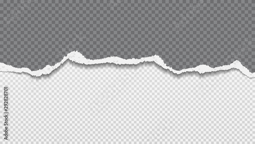 Torn, ripped dark grey paper strip with soft shadow is on white squared background. Vector template illustration