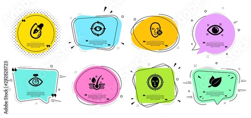 Health eye, Eye laser and Mint leaves line icons set. Chat bubbles with quotes. Face detect, Serum oil and Problem skin signs. Optometry, Optometry clinic. Medical set. Vector