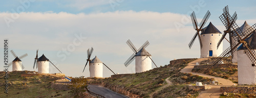 Panoramic view traditional antique windmills in Spain. Consuegra, Toledo