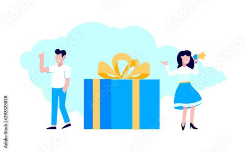 Refer a friend flat style design vector illustration isolated on white background. Woman with megaphone shout out to the people, man with thumb up and big gift box.