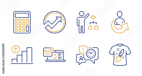 Audit, Share and Calculator line icons set. Online survey, Time management and Algorithm signs. Graph chart, T-shirt design symbols. Arrow graph, Referral person. Education set. Vector