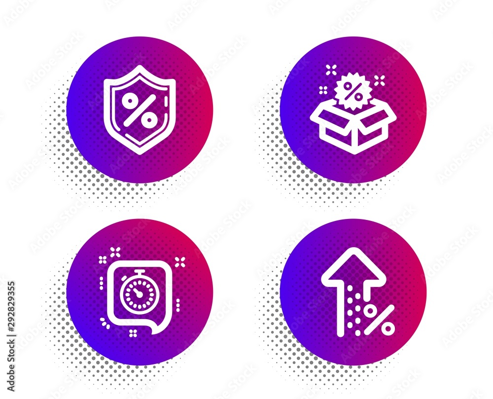 Loan percent, Sale and Timer icons simple set. Halftone dots button. Increasing percent sign. Protection shield, Discount, Time management. Business set. Classic flat loan percent icon. Vector Loan percent, Sale and Timer icons simple set. Halftone dots button. Increasing percent sign. Protection shield, Discount, Time management. Business set. Classic flat loan percent icon. Vector