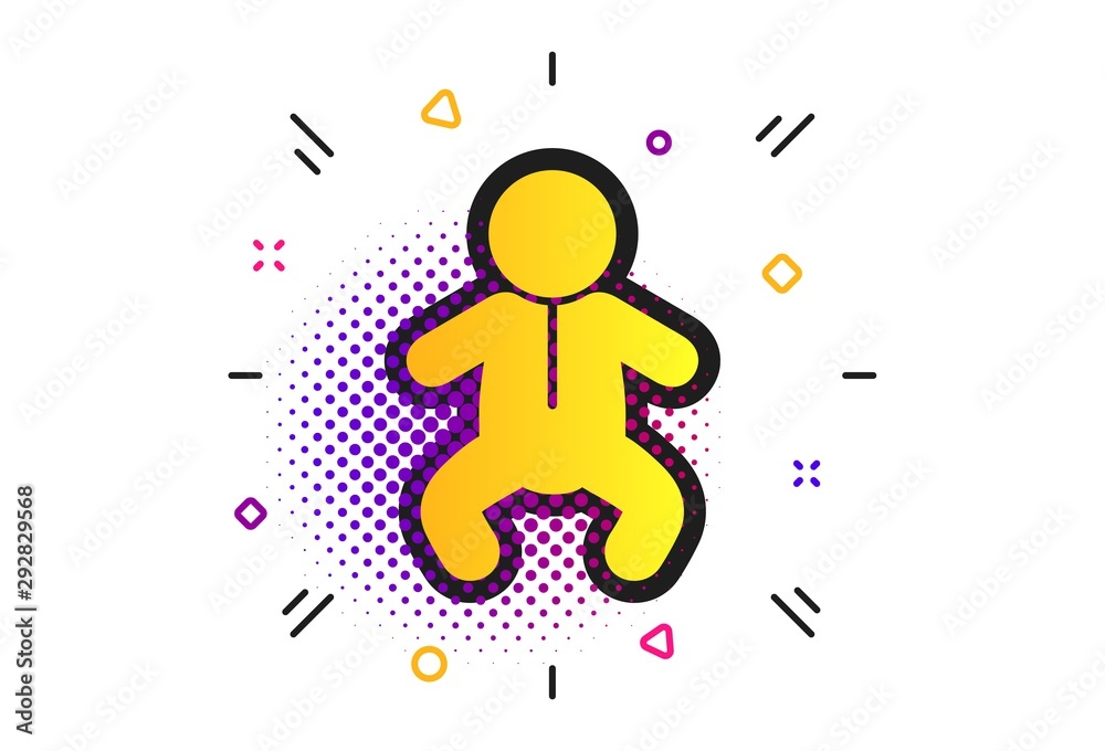 Baby infant sign icon. Halftone dots pattern. Toddler boy in pajamas or crawlers body symbol. Child WC toilet. Classic flat infant icon. Vector Baby infant sign icon. Halftone dots pattern. Toddler boy in pajamas or crawlers body symbol. Child WC toilet. Classic flat infant icon. Vector