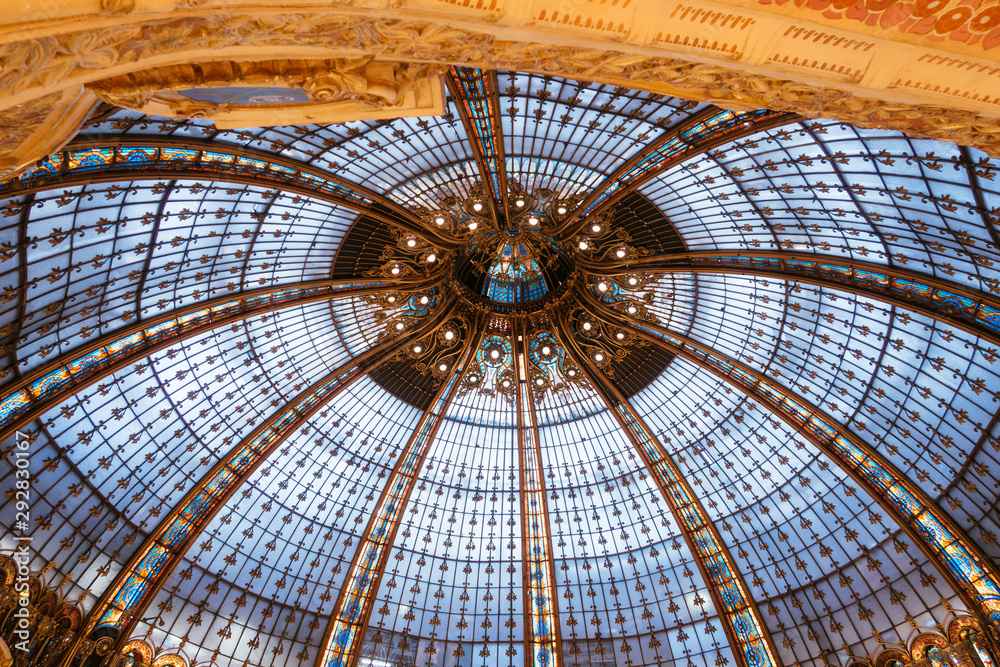 Paris, France - Sept 05, 2019: The glassroof of the Galeries Lafayette interior in Paris. Desinged by The architect Georges Chedanne