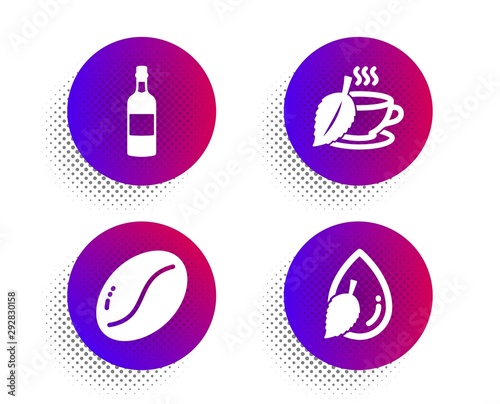 Coffee beans, Mint tea and Brandy bottle icons simple set. Halftone dots button. Water drop sign. Vegetarian seed, Mentha beverage, Whiskey. Mint leaf. Food and drink set. Vector