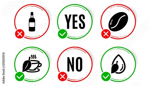 Coffee beans, Mint tea and Brandy bottle icons simple set. Yes no check box. Water drop sign. Vegetarian seed, Mentha beverage, Whiskey. Mint leaf. Food and drink set. Coffee beans icon. Vector