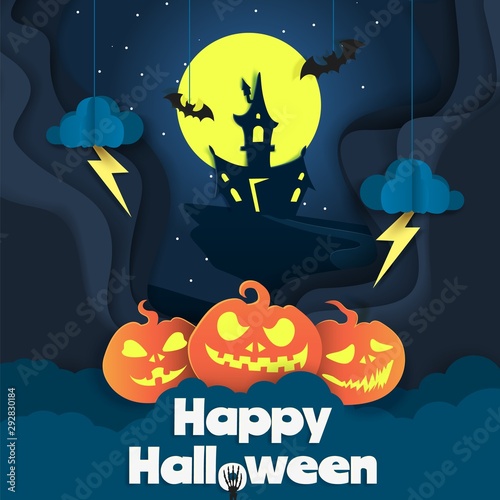Happy Halloween poster template  vector paper cut illustration