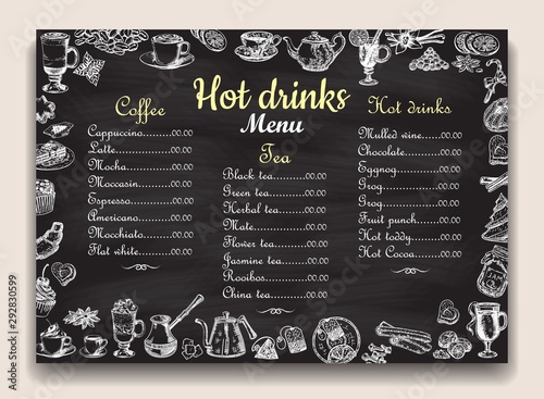 Hot drinks chalkboard menu list vector template