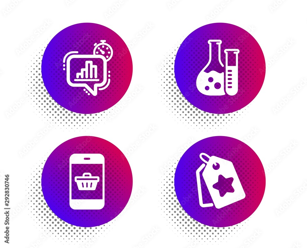 Statistics timer, Smartphone buying and Chemistry lab icons simple set. Halftone dots button. Loyalty tags sign. Growth chart, Website shopping, Laboratory. Bonus reward. Technology set. Vector Statistics timer, Smartphone buying and Chemistry lab icons simple set. Halftone dots button. Loyalty tags sign. Growth chart, Website shopping, Laboratory. Bonus reward. Technology set. Vector