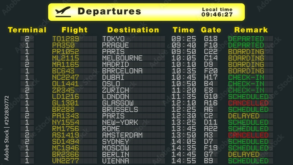 Fototapeta premium International airport table departures schedule flights refresh flat update