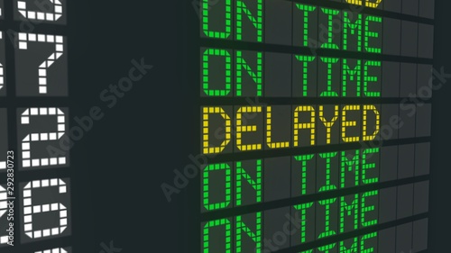 On time flight sign airport table, international arrivals schedule status change