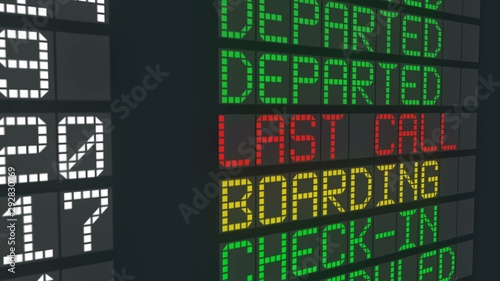 Last call airport table sign, international flight departures schedule status