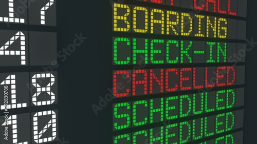 Cancelled flight sign airport table, international departures schedule cancel