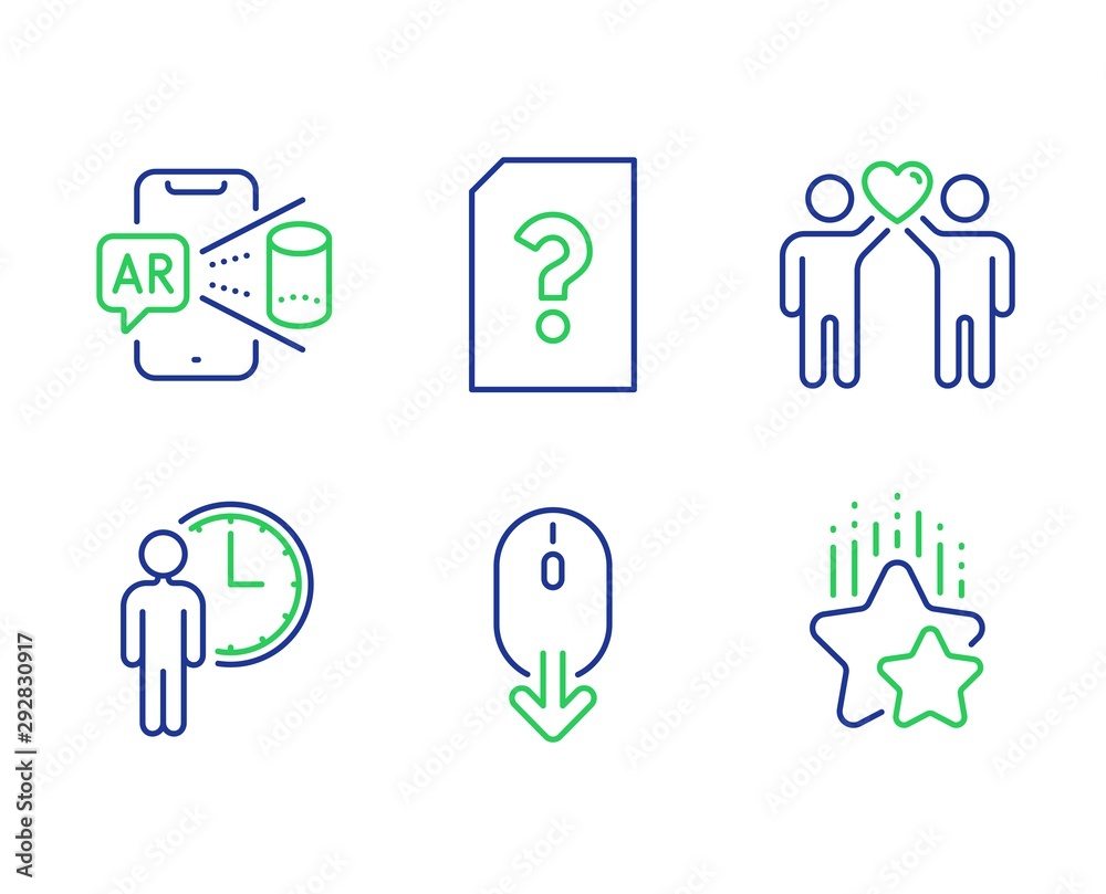 Unknown file, Scroll down and Augmented reality line icons set. Friends couple, Waiting and Ranking stars signs. Doc with question mark, Mouse swipe, Phone simulation. Friendship. Vector Unknown file, Scroll down and Augmented reality line icons set. Friends couple, Waiting and Ranking stars signs. Doc with question mark, Mouse swipe, Phone simulation. Friendship. Vector