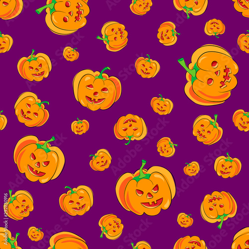 seamless halloween pattern with cartoon cute and funny pumpkins on purple background. halloween background with evil pumpkin. jack-o-lantern pattern for Halloween or Thanksgiving party design.