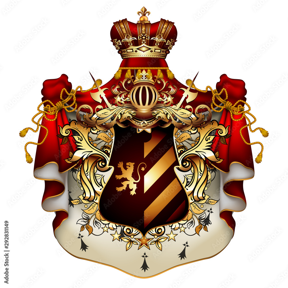 Heraldic shield with a crown and royal mantle, richly ornamented, on a ...