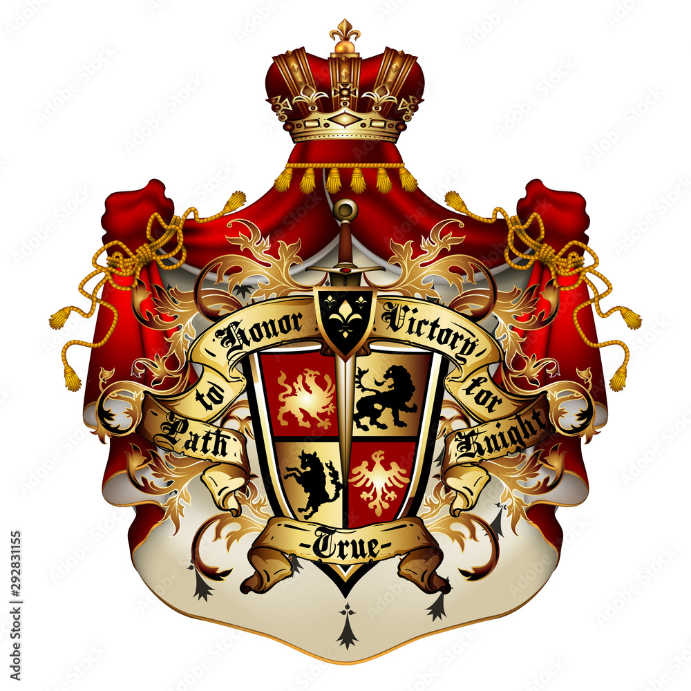 Heraldic shield with a crown and royal mantle, richly ornamented, on a ...