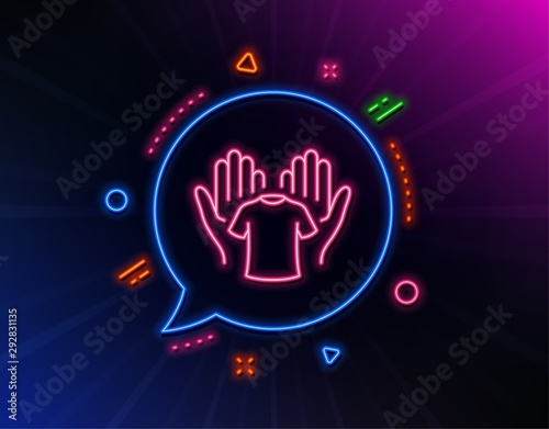 Hold t-shirt line icon. Neon laser lights. Laundry shirt sign. Clothing cleaner symbol. Glow laser speech bubble. Neon lights chat bubble. Banner badge with hold t-shirt icon. Vector