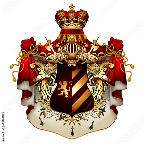 Heraldic shield with a crown and royal mantle, richly ornamented, on a white background.  3D vector. High detailed realistic illustration