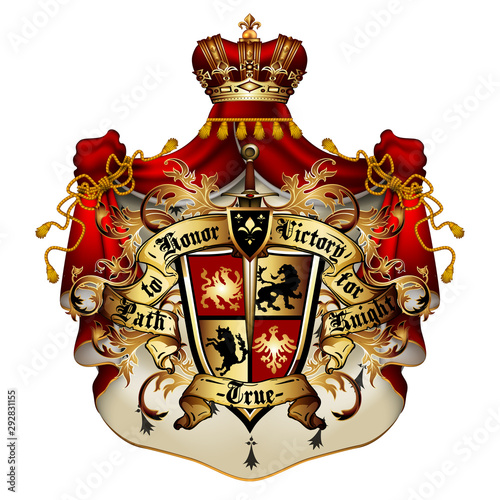 Heraldic shield with a crown and royal mantle, richly ornamented, on a white background.  3D vector. High detailed realistic illustration