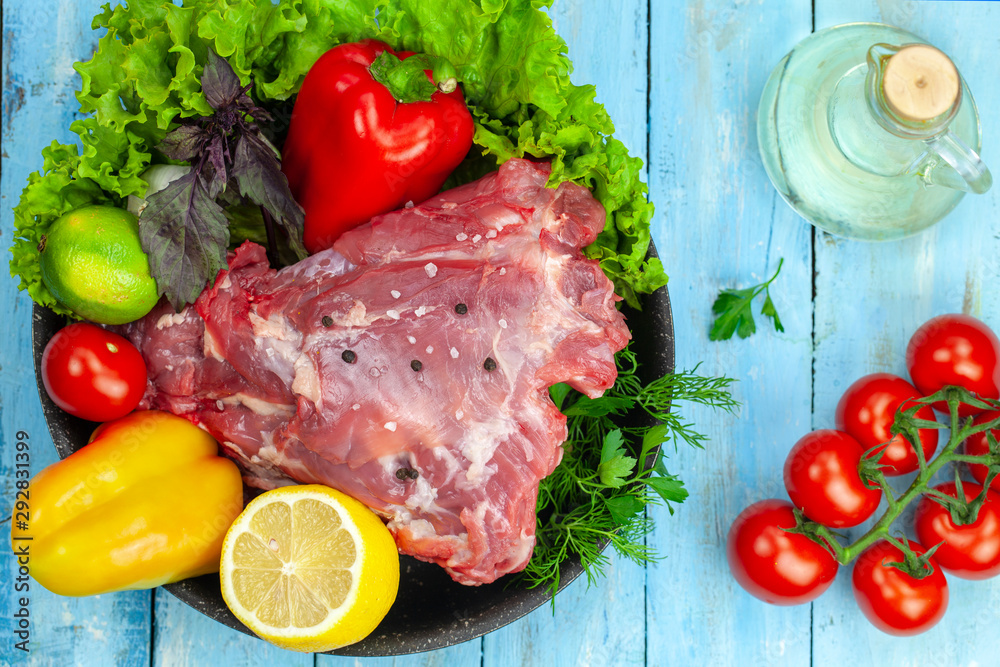 nutria meat with vegetables and herbs, blank, meat processing. nutria meat with vegetables and herbs, blank, meat processing.